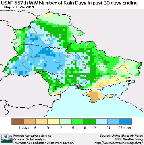 Ukraine, Moldova and Belarus Number of Rain Days in past 30 days (USAF 557th WW) 05/26/2019 Thematic Map For 5/20/2019 - 5/26/2019