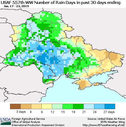 Ukraine, Moldova and Belarus Number of Rain Days in past 30 days (USAF 557th WW) 06/23/2019 Thematic Map For 6/17/2019 - 6/23/2019