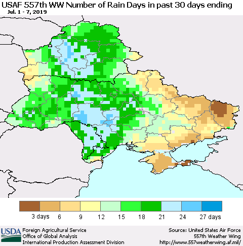 Ukraine, Moldova and Belarus Number of Rain Days in past 30 days (USAF 557th WW) 07/07/2019 Thematic Map For 7/1/2019 - 7/7/2019