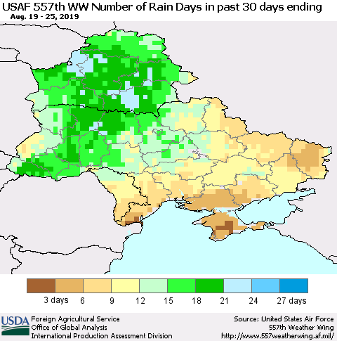 Ukraine, Moldova and Belarus Number of Rain Days in past 30 days (USAF 557th WW) 08/25/2019 Thematic Map For 8/19/2019 - 8/25/2019