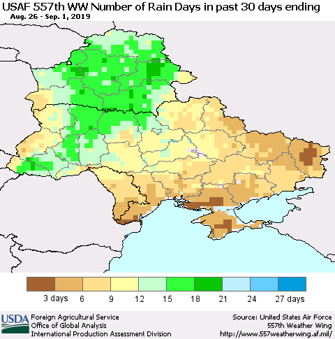 Ukraine, Moldova and Belarus Number of Rain Days in past 30 days (USAF 557th WW) 09/01/2019 Thematic Map For 8/26/2019 - 9/1/2019