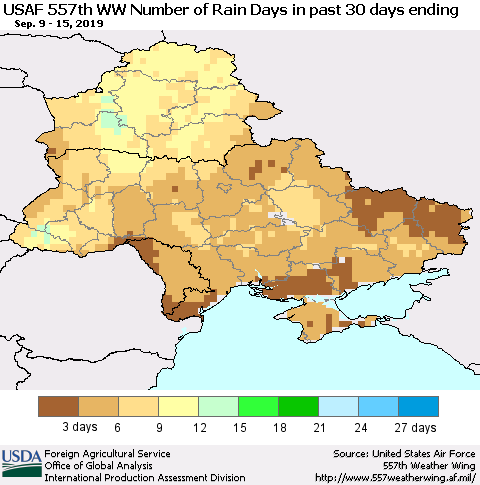 Ukraine, Moldova and Belarus Number of Rain Days in past 30 days (USAF 557th WW) 09/15/2019 Thematic Map For 9/9/2019 - 9/15/2019