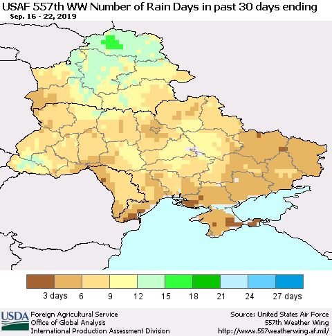 Ukraine, Moldova and Belarus Number of Rain Days in past 30 days (USAF 557th WW) 09/22/2019 Thematic Map For 9/16/2019 - 9/22/2019