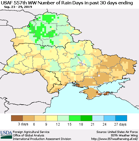 Ukraine, Moldova and Belarus Number of Rain Days in past 30 days (USAF 557th WW) 09/29/2019 Thematic Map For 9/23/2019 - 9/29/2019