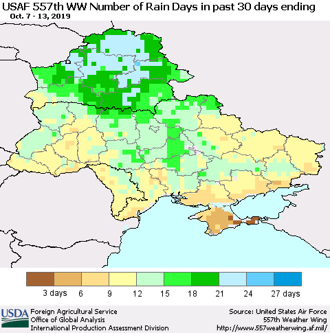 Ukraine, Moldova and Belarus Number of Rain Days in past 30 days (USAF 557th WW) 10/13/2019 Thematic Map For 10/7/2019 - 10/13/2019