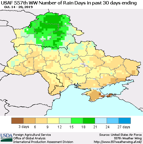 Ukraine, Moldova and Belarus Number of Rain Days in past 30 days (USAF 557th WW) 10/20/2019 Thematic Map For 10/14/2019 - 10/20/2019