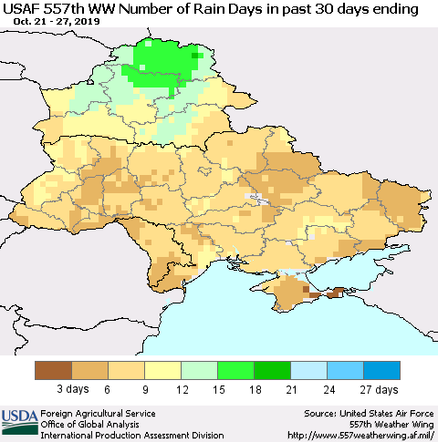 Ukraine, Moldova and Belarus Number of Rain Days in past 30 days (USAF 557th WW) 10/27/2019 Thematic Map For 10/21/2019 - 10/27/2019