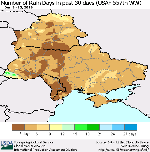 Ukraine, Moldova and Belarus Number of Rain Days in past 30 days (USAF 557th WW) 12/15/2019 Thematic Map For 12/9/2019 - 12/15/2019