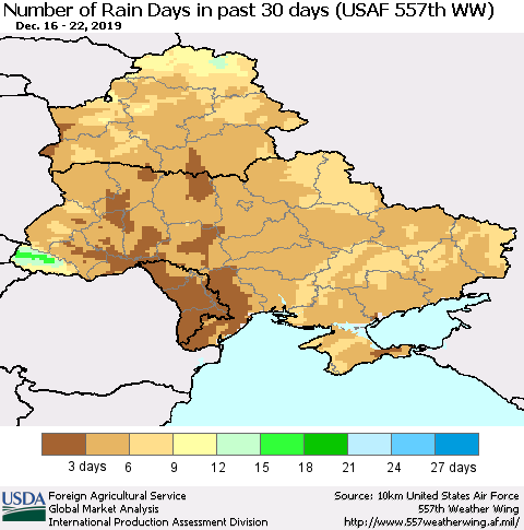 Ukraine, Moldova and Belarus Number of Rain Days in past 30 days (USAF 557th WW) 12/22/2019 Thematic Map For 12/16/2019 - 12/22/2019