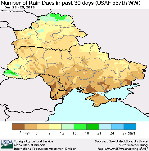 Ukraine, Moldova and Belarus Number of Rain Days in past 30 days (USAF 557th WW) 12/29/2019 Thematic Map For 12/23/2019 - 12/29/2019