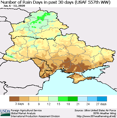 Ukraine, Moldova and Belarus Number of Rain Days in past 30 days (USAF 557th WW) 01/12/2020 Thematic Map For 1/6/2020 - 1/12/2020