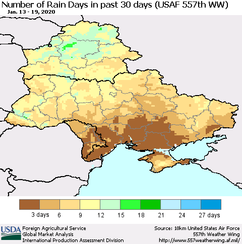 Ukraine, Moldova and Belarus Number of Rain Days in past 30 days (USAF 557th WW) 01/19/2020 Thematic Map For 1/13/2020 - 1/19/2020
