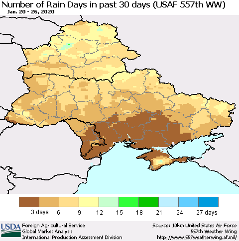 Ukraine, Moldova and Belarus Number of Rain Days in past 30 days (USAF 557th WW) 01/26/2020 Thematic Map For 1/20/2020 - 1/26/2020