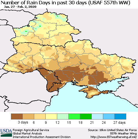 Ukraine, Moldova and Belarus Number of Rain Days in past 30 days (USAF 557th WW) 02/02/2020 Thematic Map For 1/27/2020 - 2/2/2020
