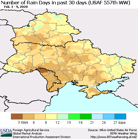 Ukraine, Moldova and Belarus Number of Rain Days in past 30 days (USAF 557th WW) 02/09/2020 Thematic Map For 2/3/2020 - 2/9/2020
