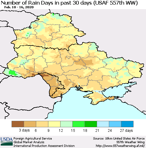Ukraine, Moldova and Belarus Number of Rain Days in past 30 days (USAF 557th WW) 02/16/2020 Thematic Map For 2/10/2020 - 2/16/2020