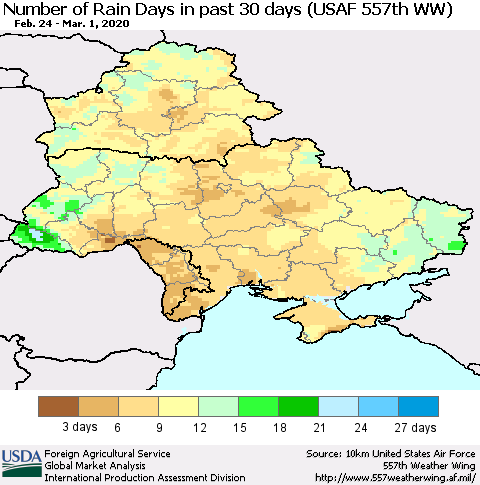 Ukraine, Moldova and Belarus Number of Rain Days in past 30 days (USAF 557th WW) 03/01/2020 Thematic Map For 2/24/2020 - 3/1/2020