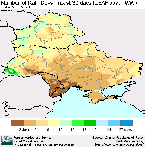 Ukraine, Moldova and Belarus Number of Rain Days in past 30 days (USAF 557th WW) 03/08/2020 Thematic Map For 3/2/2020 - 3/8/2020