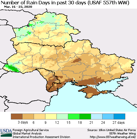 Ukraine, Moldova and Belarus Number of Rain Days in past 30 days (USAF 557th WW) 03/22/2020 Thematic Map For 3/16/2020 - 3/22/2020