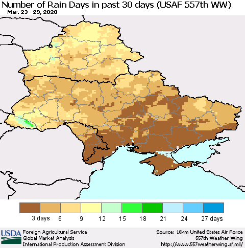 Ukraine, Moldova and Belarus Number of Rain Days in past 30 days (USAF 557th WW) 03/29/2020 Thematic Map For 3/23/2020 - 3/29/2020