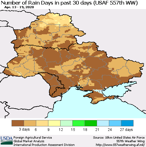 Ukraine, Moldova and Belarus Number of Rain Days in past 30 days (USAF 557th WW) 04/19/2020 Thematic Map For 4/13/2020 - 4/19/2020