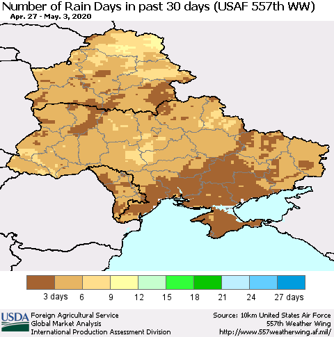 Ukraine, Moldova and Belarus Number of Rain Days in past 30 days (USAF 557th WW) 05/03/2020 Thematic Map For 4/27/2020 - 5/3/2020
