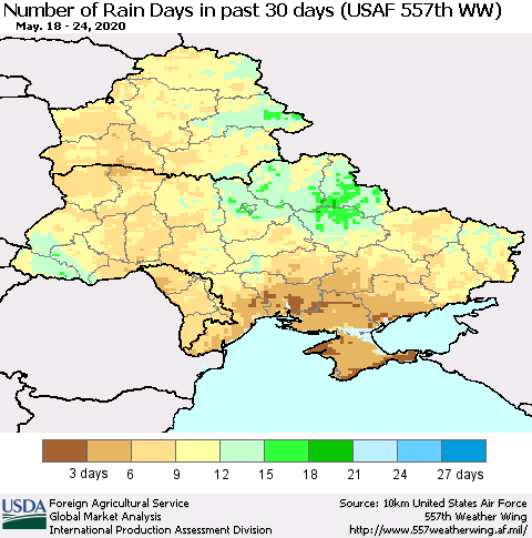 Ukraine, Moldova and Belarus Number of Rain Days in past 30 days (USAF 557th WW) 05/24/2020 Thematic Map For 5/18/2020 - 5/24/2020
