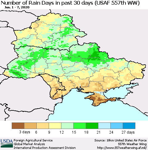 Ukraine, Moldova and Belarus Number of Rain Days in past 30 days (USAF 557th WW) 06/07/2020 Thematic Map For 6/1/2020 - 6/7/2020