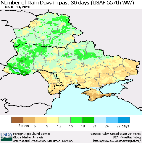 Ukraine, Moldova and Belarus Number of Rain Days in past 30 days (USAF 557th WW) 06/14/2020 Thematic Map For 6/8/2020 - 6/14/2020
