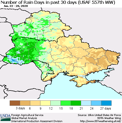 Ukraine, Moldova and Belarus Number of Rain Days in past 30 days (USAF 557th WW) 06/28/2020 Thematic Map For 6/22/2020 - 6/28/2020