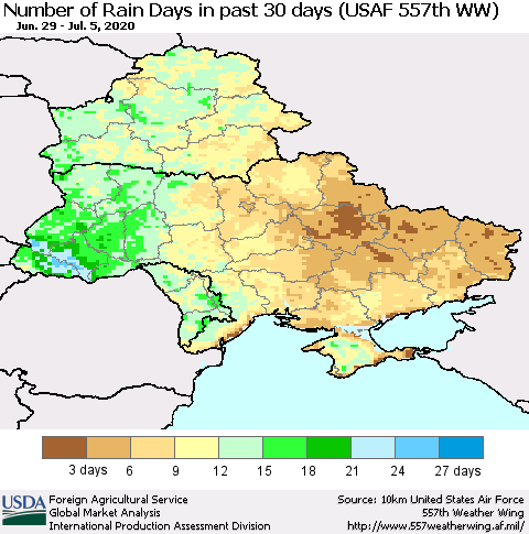 Ukraine, Moldova and Belarus Number of Rain Days in past 30 days (USAF 557th WW) 07/05/2020 Thematic Map For 6/29/2020 - 7/5/2020