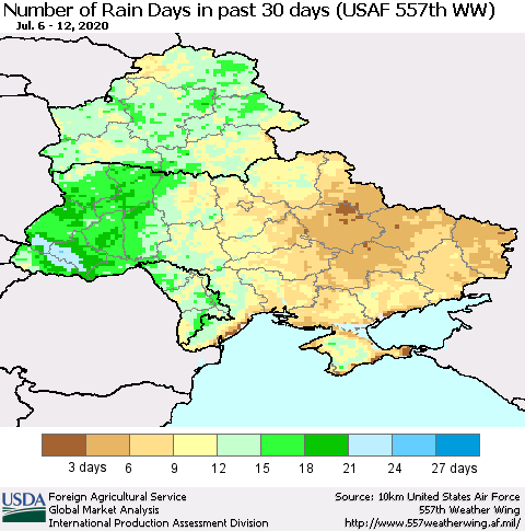 Ukraine, Moldova and Belarus Number of Rain Days in past 30 days (USAF 557th WW) 07/12/2020 Thematic Map For 7/6/2020 - 7/12/2020