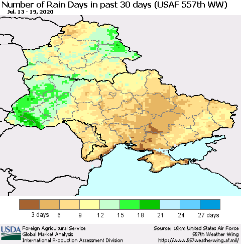 Ukraine, Moldova and Belarus Number of Rain Days in past 30 days (USAF 557th WW) 07/19/2020 Thematic Map For 7/13/2020 - 7/19/2020