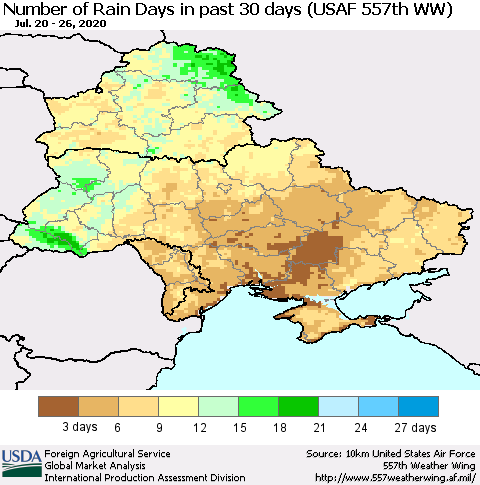 Ukraine, Moldova and Belarus Number of Rain Days in past 30 days (USAF 557th WW) 07/26/2020 Thematic Map For 7/20/2020 - 7/26/2020