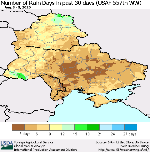 Ukraine, Moldova and Belarus Number of Rain Days in past 30 days (USAF 557th WW) 08/09/2020 Thematic Map For 8/3/2020 - 8/9/2020
