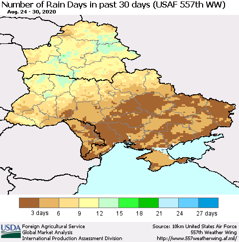Ukraine, Moldova and Belarus Number of Rain Days in past 30 days (USAF 557th WW) 08/30/2020 Thematic Map For 8/24/2020 - 8/30/2020