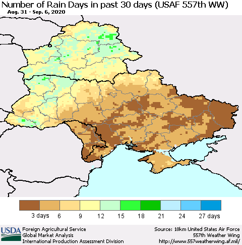 Ukraine, Moldova and Belarus Number of Rain Days in past 30 days (USAF 557th WW) 09/06/2020 Thematic Map For 8/31/2020 - 9/6/2020