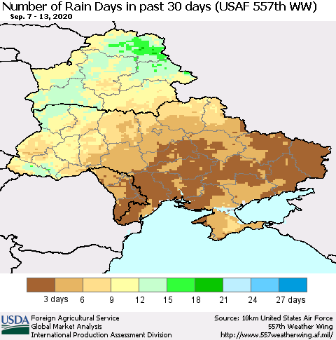 Ukraine, Moldova and Belarus Number of Rain Days in past 30 days (USAF 557th WW) 09/13/2020 Thematic Map For 9/7/2020 - 9/13/2020