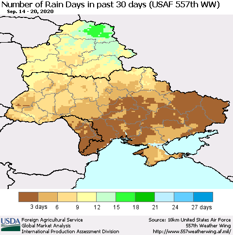 Ukraine, Moldova and Belarus Number of Rain Days in past 30 days (USAF 557th WW) 09/20/2020 Thematic Map For 9/14/2020 - 9/20/2020