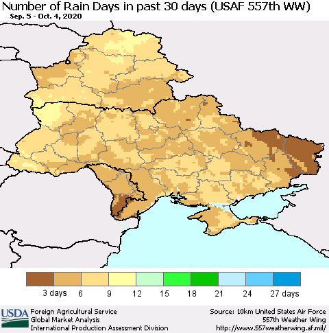 Ukraine, Moldova and Belarus Number of Rain Days in past 30 days (USAF 557th WW) 10/04/2020 Thematic Map For 9/28/2020 - 10/4/2020