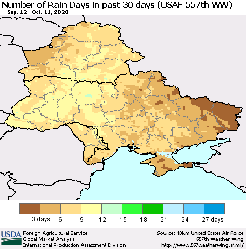 Ukraine, Moldova and Belarus Number of Rain Days in past 30 days (USAF 557th WW) 10/11/2020 Thematic Map For 10/5/2020 - 10/11/2020