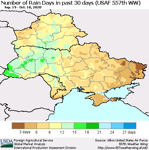 Ukraine, Moldova and Belarus Number of Rain Days in past 30 days (USAF 557th WW) 10/18/2020 Thematic Map For 10/12/2020 - 10/18/2020