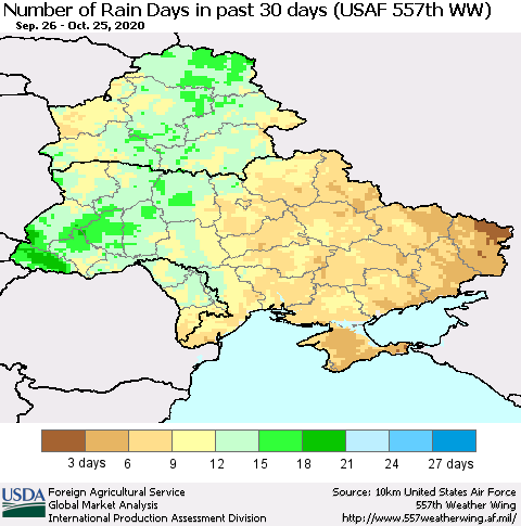 Ukraine, Moldova and Belarus Number of Rain Days in past 30 days (USAF 557th WW) 10/25/2020 Thematic Map For 10/19/2020 - 10/25/2020