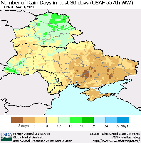 Ukraine, Moldova and Belarus Number of Rain Days in past 30 days (USAF 557th WW) 11/01/2020 Thematic Map For 10/26/2020 - 11/1/2020