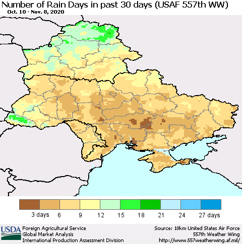 Ukraine, Moldova and Belarus Number of Rain Days in past 30 days (USAF 557th WW) 11/08/2020 Thematic Map For 11/2/2020 - 11/8/2020