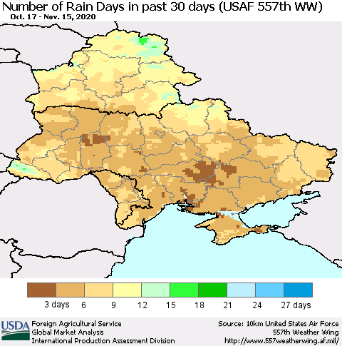 Ukraine, Moldova and Belarus Number of Rain Days in past 30 days (USAF 557th WW) 11/15/2020 Thematic Map For 11/9/2020 - 11/15/2020