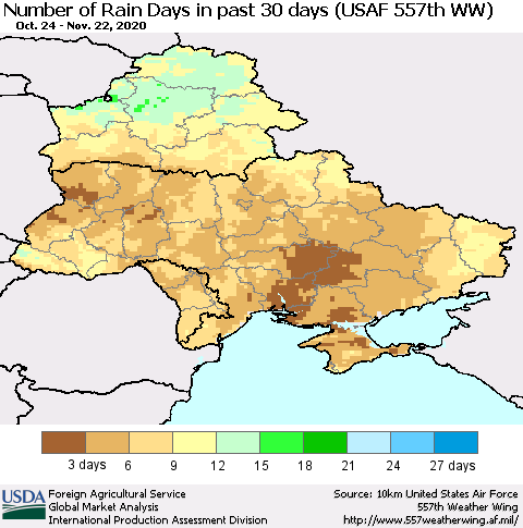 Ukraine, Moldova and Belarus Number of Rain Days in past 30 days (USAF 557th WW) 11/22/2020 Thematic Map For 11/16/2020 - 11/22/2020