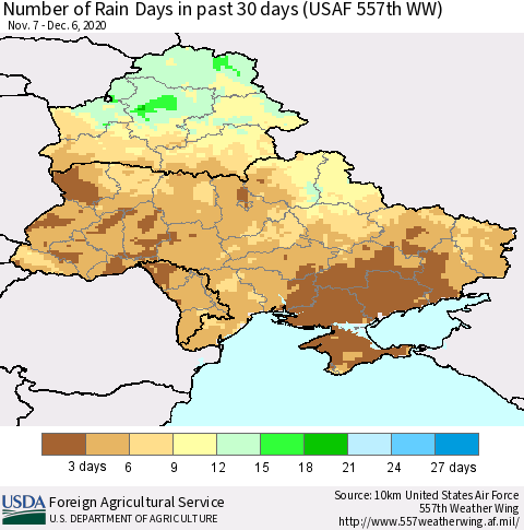 Ukraine, Moldova and Belarus Number of Rain Days in past 30 days (USAF 557th WW) 12/06/2020 Thematic Map For 11/30/2020 - 12/6/2020