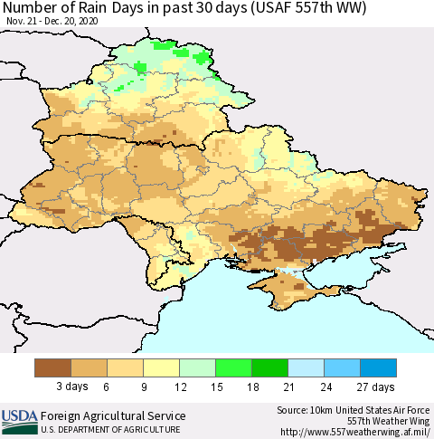 Ukraine, Moldova and Belarus Number of Rain Days in past 30 days (USAF 557th WW) 12/20/2020 Thematic Map For 12/14/2020 - 12/20/2020