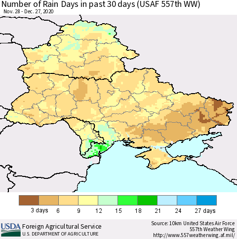 Ukraine, Moldova and Belarus Number of Rain Days in past 30 days (USAF 557th WW) 12/27/2020 Thematic Map For 12/21/2020 - 12/27/2020